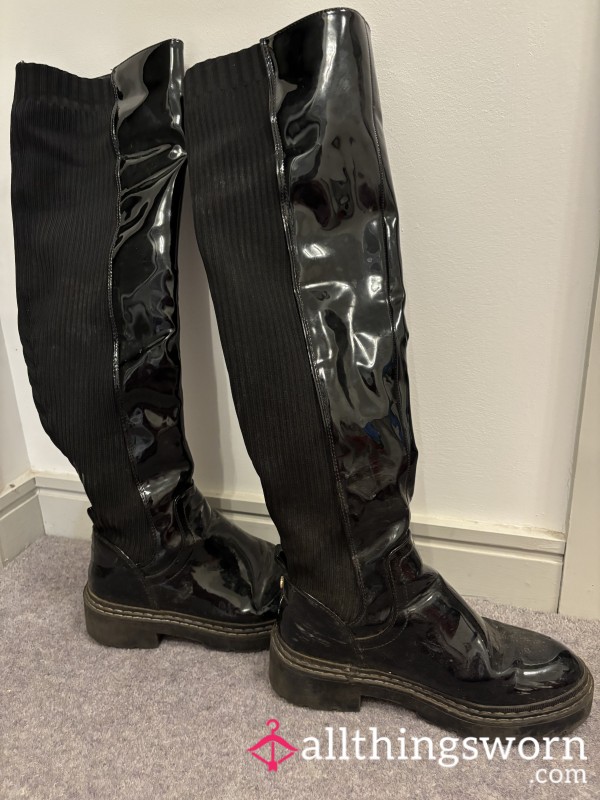 Well Worn Flat Knee High Patent Work Boots