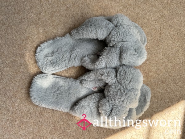 Well Worn Grey Fluffy Slippers