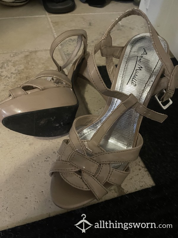 Well Worn Strappy Beige High Heel Shoes