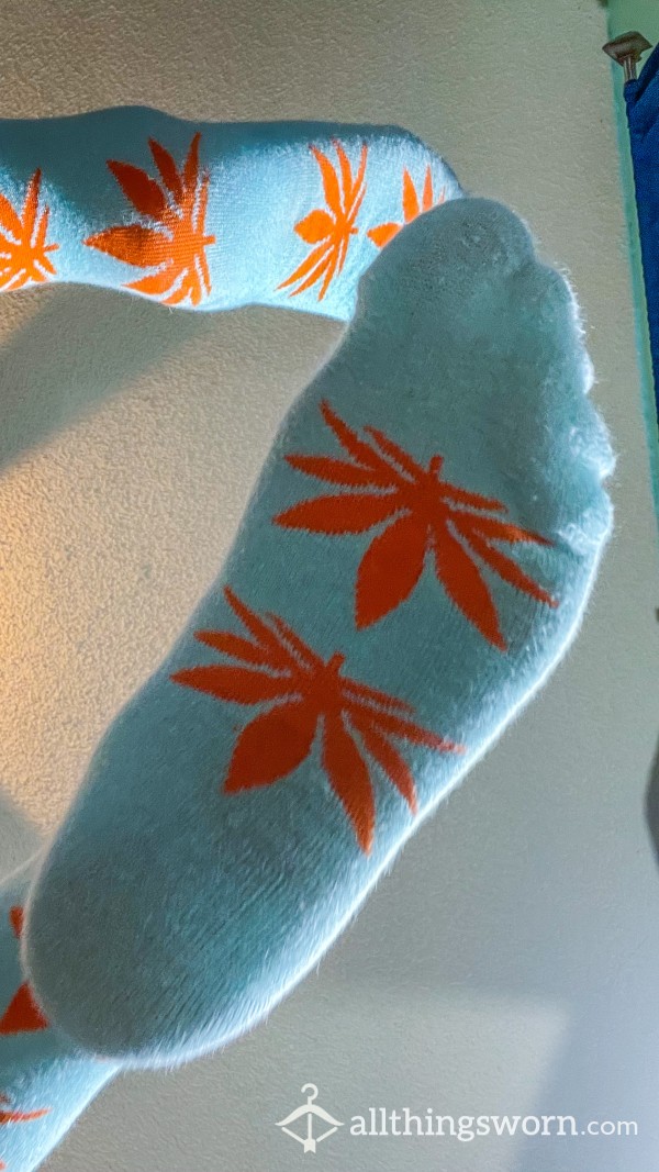 Well Worn Light Blue W/ Orange Leaf Socks