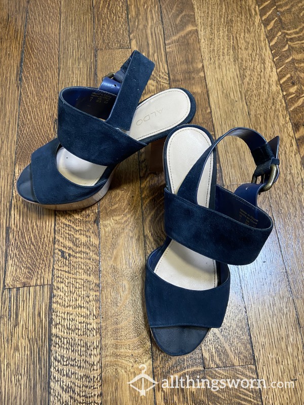 Well Worn Navy Blue Open Toed Heels (Ebony, Petite, 7.5, Shoes, High Heels)