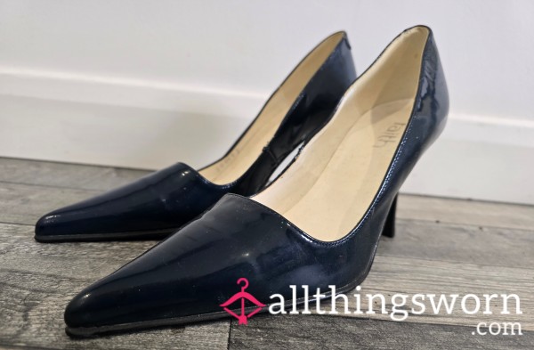 Well Worn Navy Blue 'Wipe Clean' Domme Patent Court Heels For You Foot Fetish Lovers