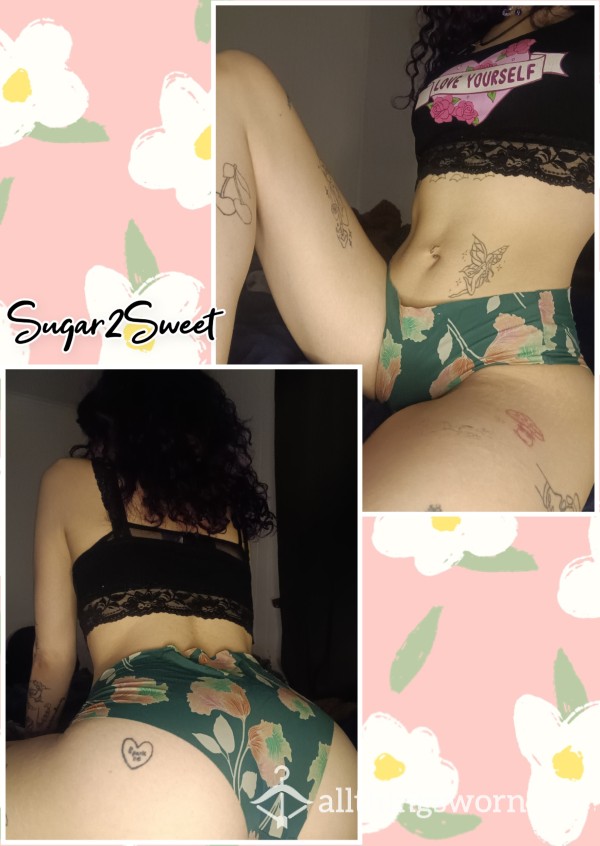 ✨️Well-worn, No-Show Flor*l Green Cheeky Panties✨️ Free U.S. Shipping!