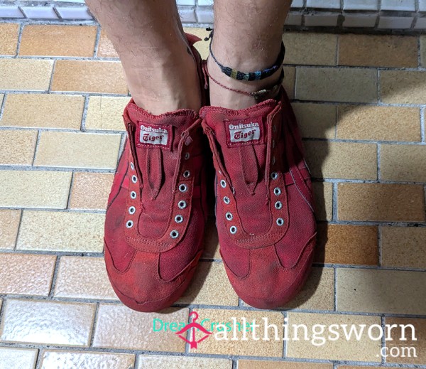 Well-worn Red Canvas Onitsuka Tiger Slip-ons