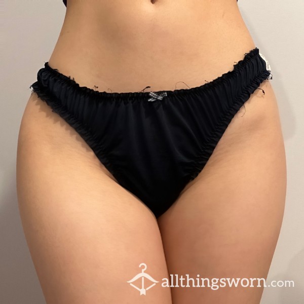 Well Worn Ruffled Navy Black Tiny Bow Thong