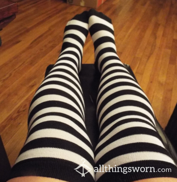 Well-Worn S**y Black & White Striped Thigh High Socks