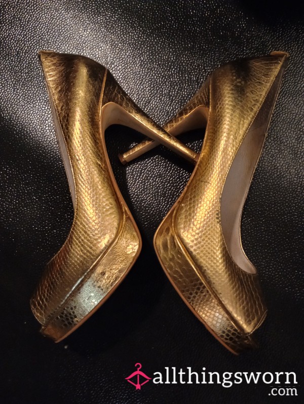 Well Worn Size 10 Michael Kors Gold Open Toe Snake Print 5 Inch Stiletto High Heels