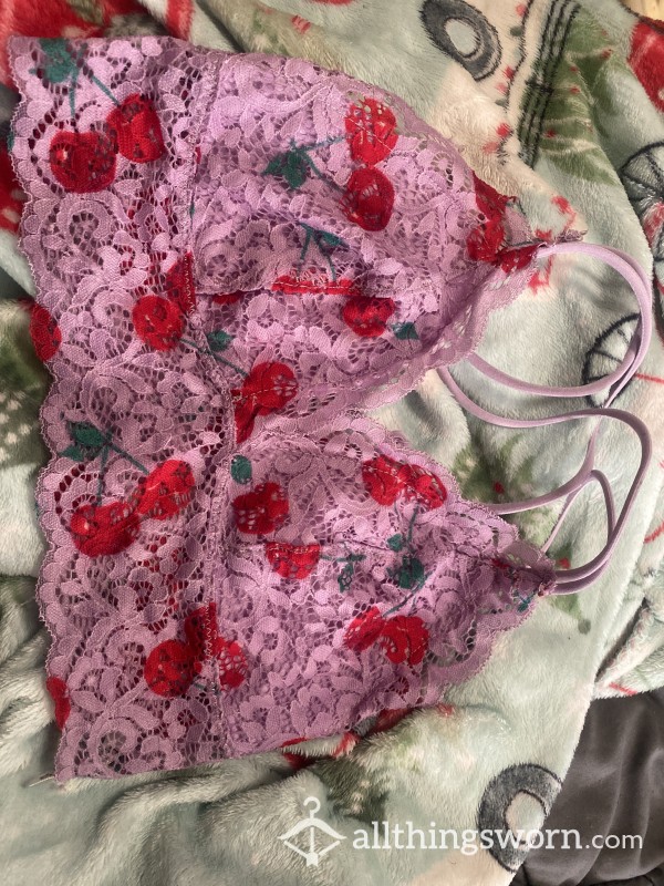 Well-worn Sl*tty Purple Bralette With Red Cherrys