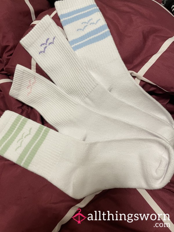 Well-worn Smelly Sweaty Long Women’s White Socks | Different Colours: Light Blue, Light Green, Light Pink, Light Purple