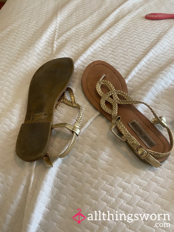 Why Are You All So Of Putrid Smelling Sandals You Pussies? Available To Buy Or Rent!  Well Worn Steve Madden Sandals! Sweat And Dirt Stains. Soles Worn Down! 4 Years Old.