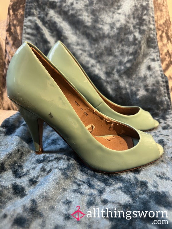 Well Worn Sweaty Patent Light Green Heels