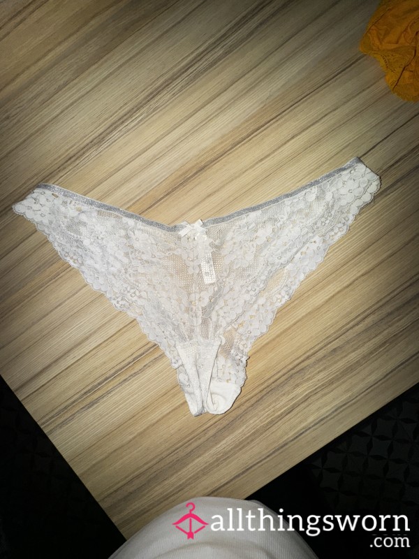 Well-Worn White Embroidered Thong – Clearance Sale! ⚠️