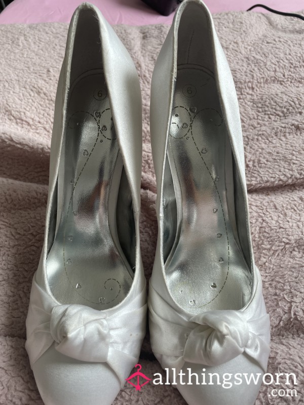 Well-Worn White Jewelled Bridal Heels - Size 6