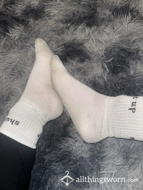 Well Worn White Socks With Shut Up Logo