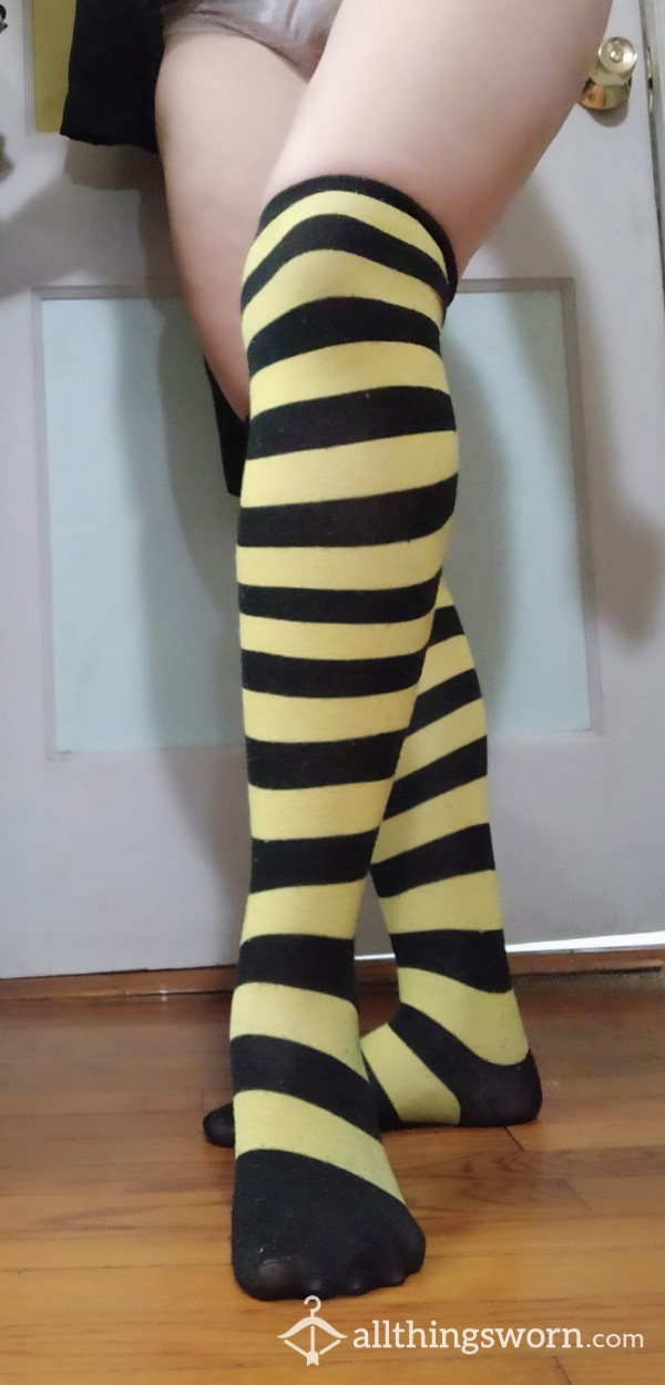 Well Worn Yellow & Black Thigh High Socks