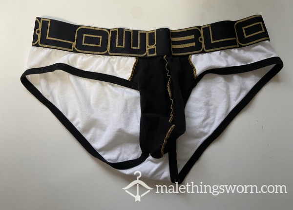 White AC Briefs With Black Crotch Panel And BLOW! Waistband