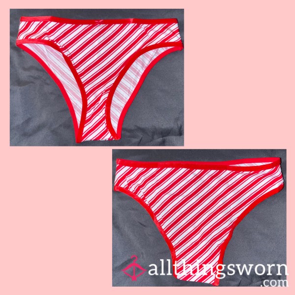 WHITE AND RED  “VS PINK” CANDY CANE CHRISTMAS COTTON CHEEKY PANTIES MEDIUM - WORN FOR 24 HOURS 💦