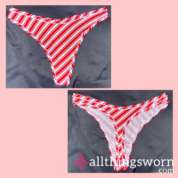 WHITE AND RED “VS PINK” CHRISTMAS CANDY CANE COTTON THONG MEDIUM - WORN FOR 24 HOURS 💦