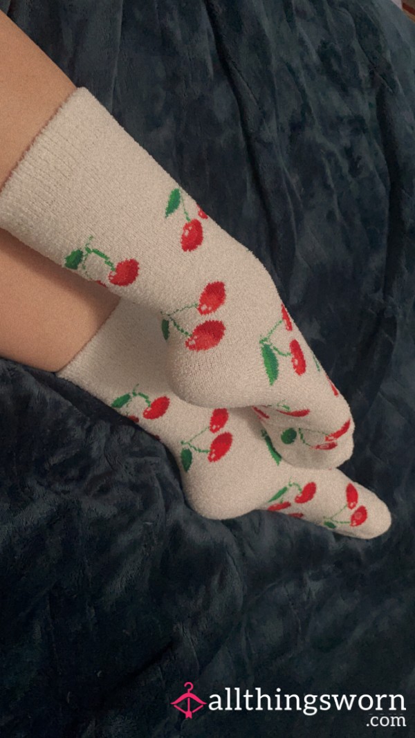 White Cherry Print Fuzzy Socks. <3