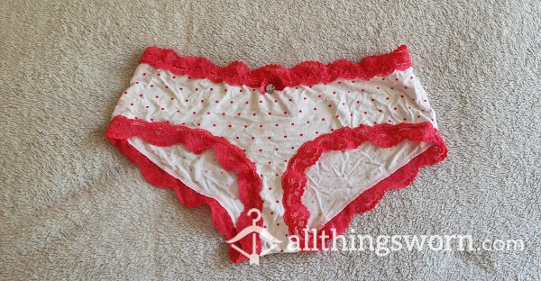 White Cotton Brazilian Panties With Red Spots & Red Lace Edging 🤍❤