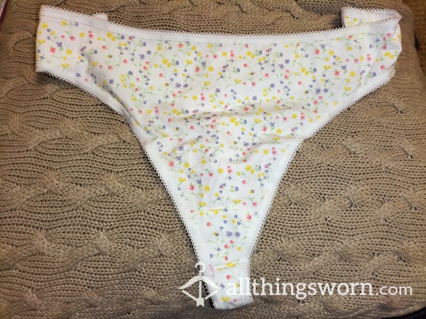 White Cotton Flor*l Thong ...