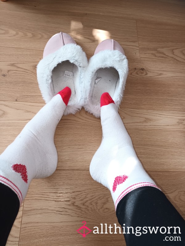 White Cotton Red Heart Ankle Socks