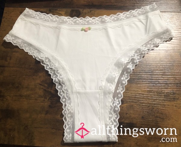 White Cotton Ribbed Panties W/ Pink Rose - Includes US Shipping & 24 Hr Wear -