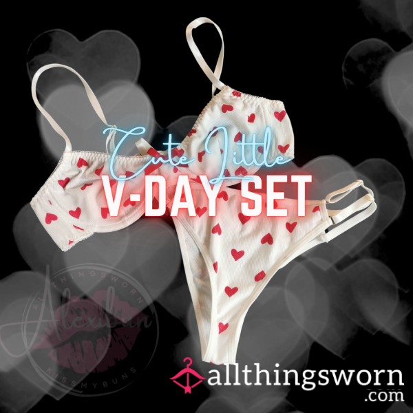 White Cotton With Red Hearts Bra And Panty Set - Shipping Included!