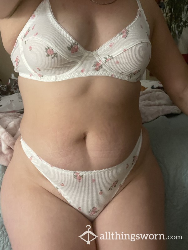 White Flor*l Matching Bralet And Pantie Set