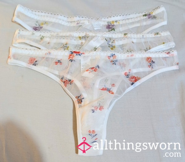 White Flor*l Sheer Thongs. Size Medium.