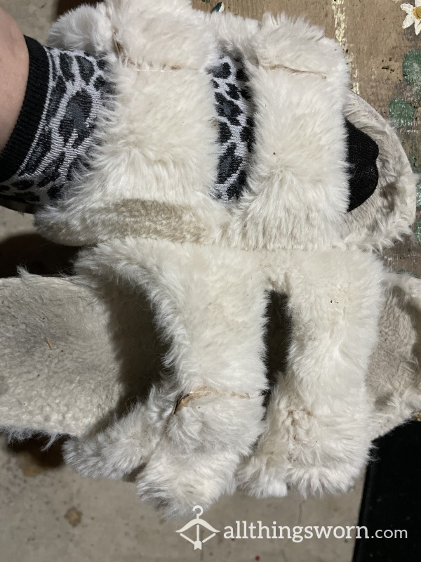 White Fuzzy 2 Strap Slippers