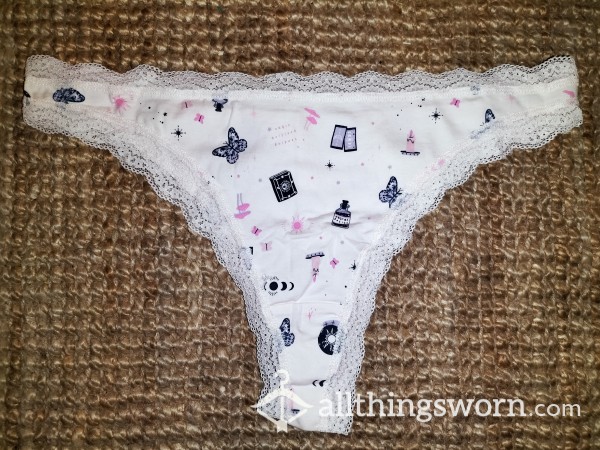 White Gothic Print Lace Brazilian Panties