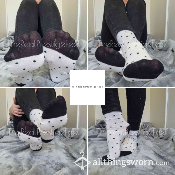 Off White & Black Polka Dot Ankle Socks | 3 Days Wear | Includes Pics & Clip | See Listing Photos For More Info - From £20.00 + P&P