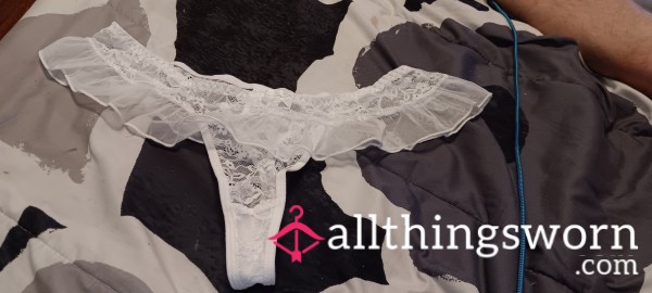 White Lace Thong W/ Frilly Wasteband Size- L