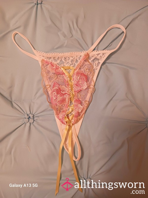 🤍White Lace Thong💮Pink Flowers🌿Lace-up Back Satin Ribbon🌿