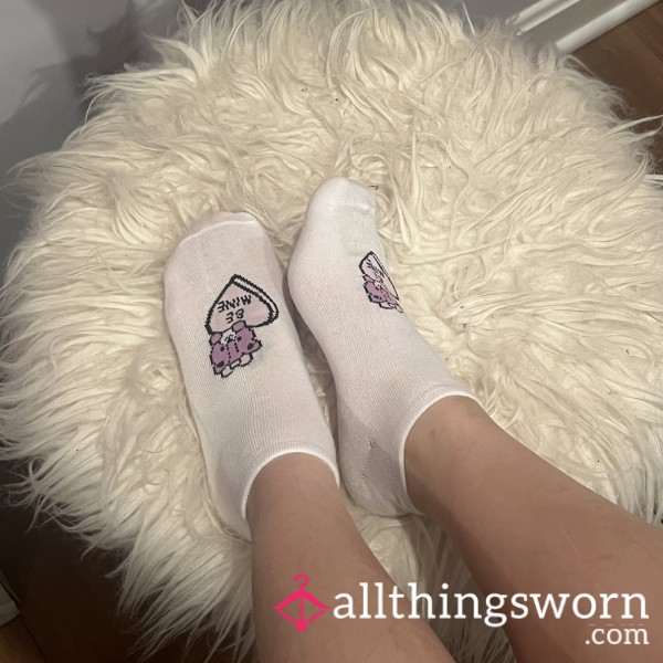 White Purple Heart Bear Be Mine Valentine’s Day Ankle Socks