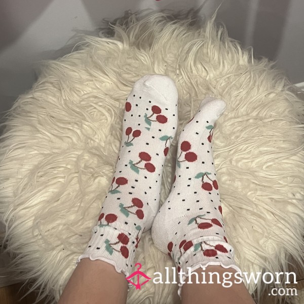 White Red Cherry Ruffle Crew Socks Black Polka Dot Socks