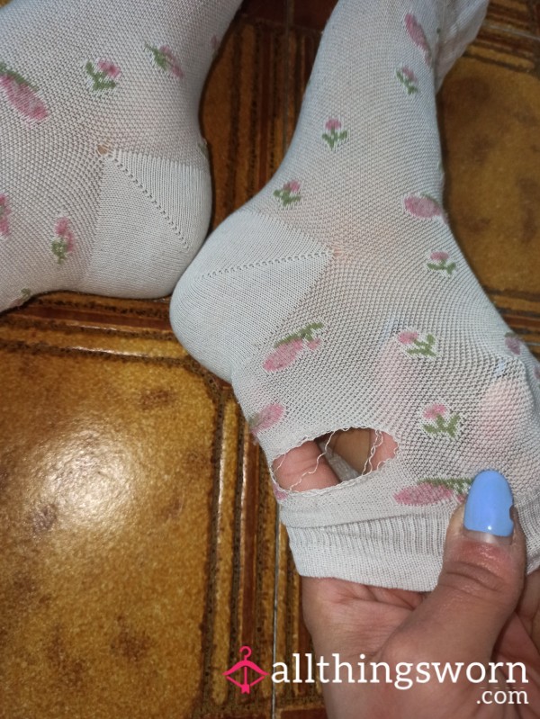 White Rose Pink Socks Hole Calzini Buco