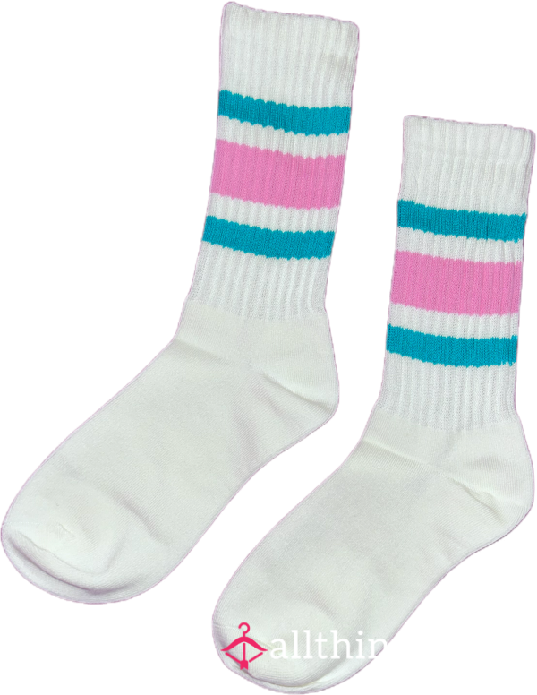 White Socks With Pink And Teal Stripes