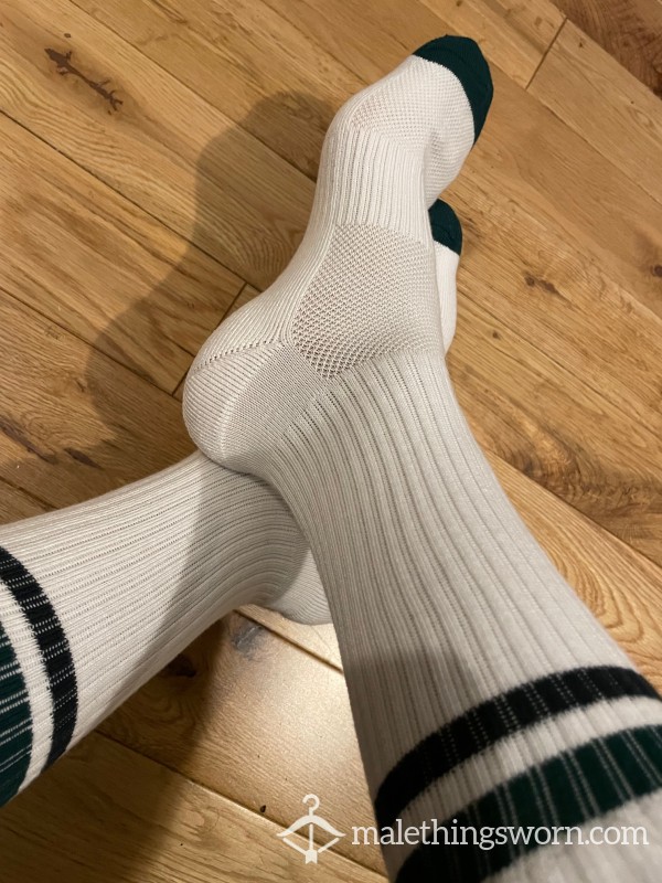 White Sports Crew Socks With Dark Green Stripes And Toe. Ready To Be Customised For You