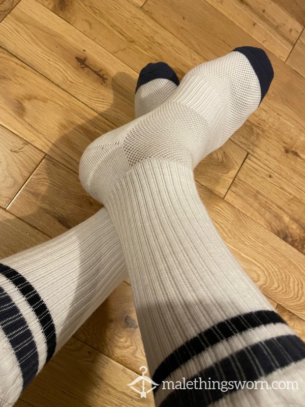 White Sports Crew Socks With Navy Stripes And Toe. Ready To Be Customised For You