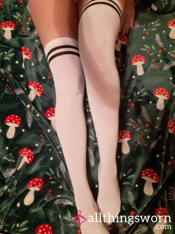 White Thigh High/black Stripes  Stocking Socks