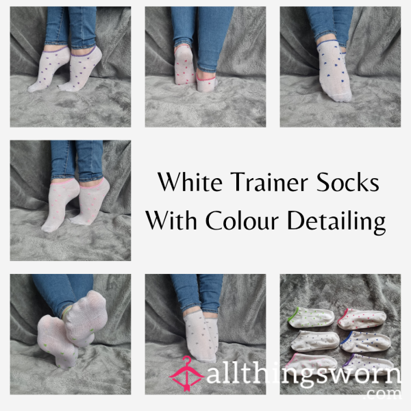 White Trainer Socks With Colour Details | 3 Days Wear | Includes Pics & Clip | See Listing For More Info - From £20.00 + P&P