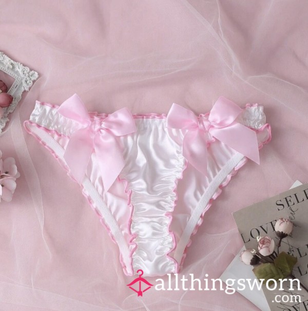 White With Pink Bow Satin Brazilian Back Panties