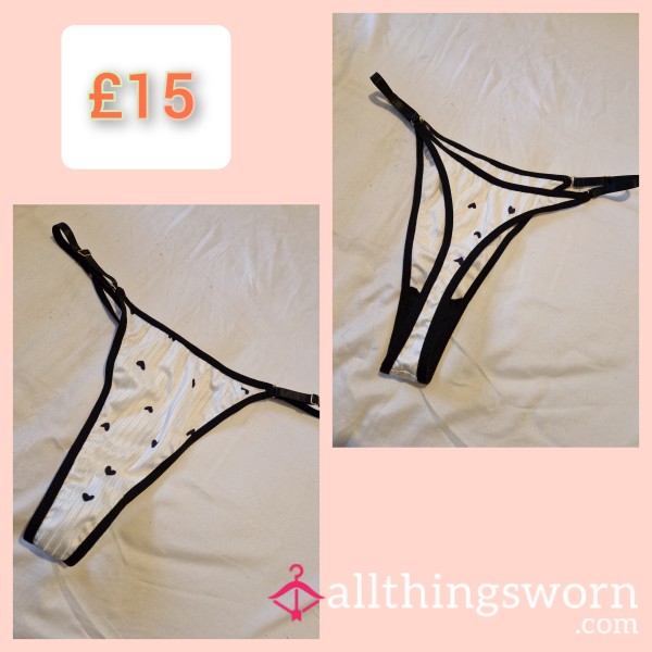 White&black Cotton Thong With Hearts