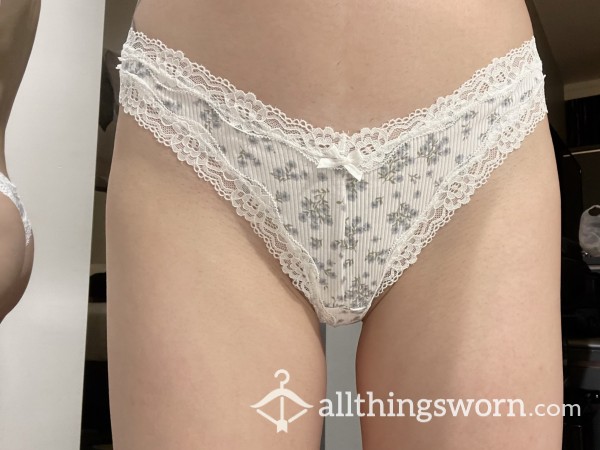 White/blue Flor*l Ribbed Thong With Lace Trims