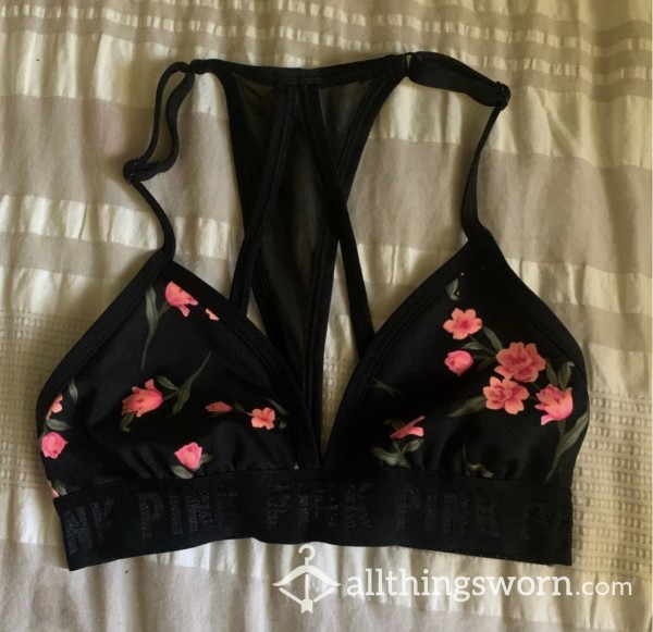 Worn And Super S**Y VS PINK Bra With PINK Band And Flowers With Mesh Back, S**Y And So Hot On!! 🥵