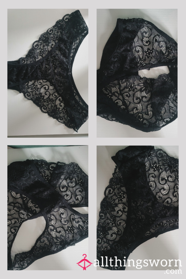 Worn And Used All Black Lace Brazilian Panties