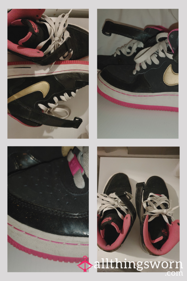 Worn And Used Nike Air Force 1's High Tops Black White Pink Gold & Glitter