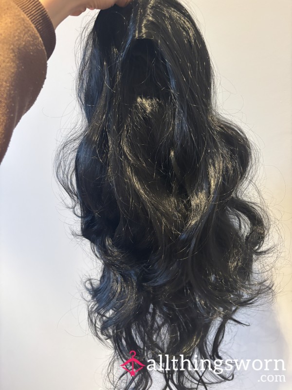 Worn Black Curly Wig, Long Aesthetic Hair